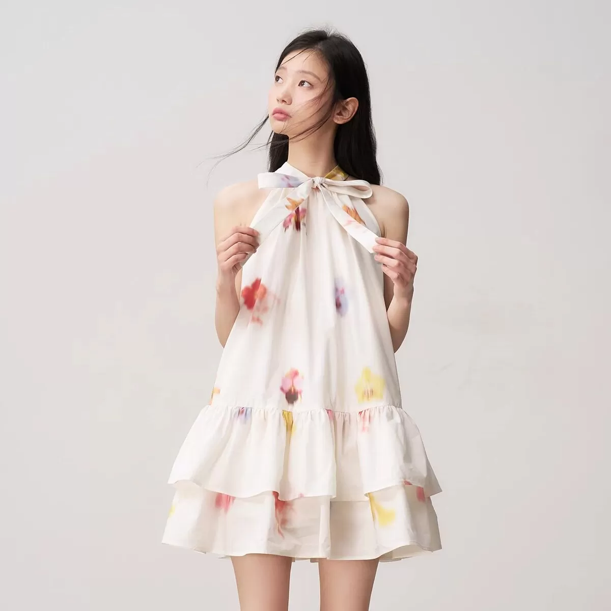 【徐绿杨同款】RECIT 花卉蝴蝶结挂脖连衣裙女木耳边蓬蓬无袖短裙