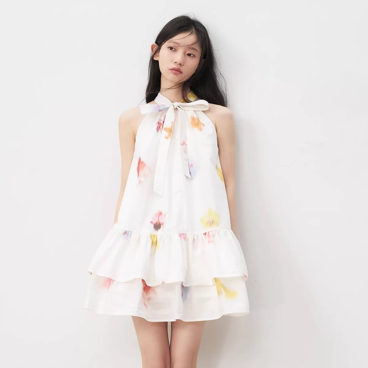 【徐绿杨同款】RECIT 花卉蝴蝶结挂脖连衣裙女木耳边蓬蓬无袖短裙
