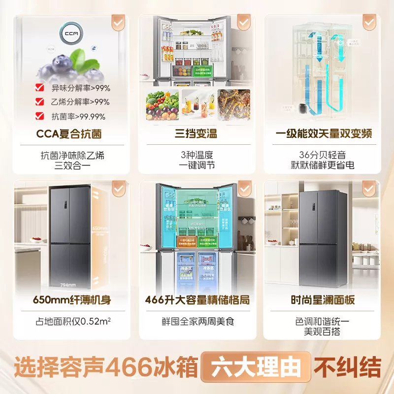 容声466/465L十字双开四开门大容量一级能效变频无霜家用电冰箱
