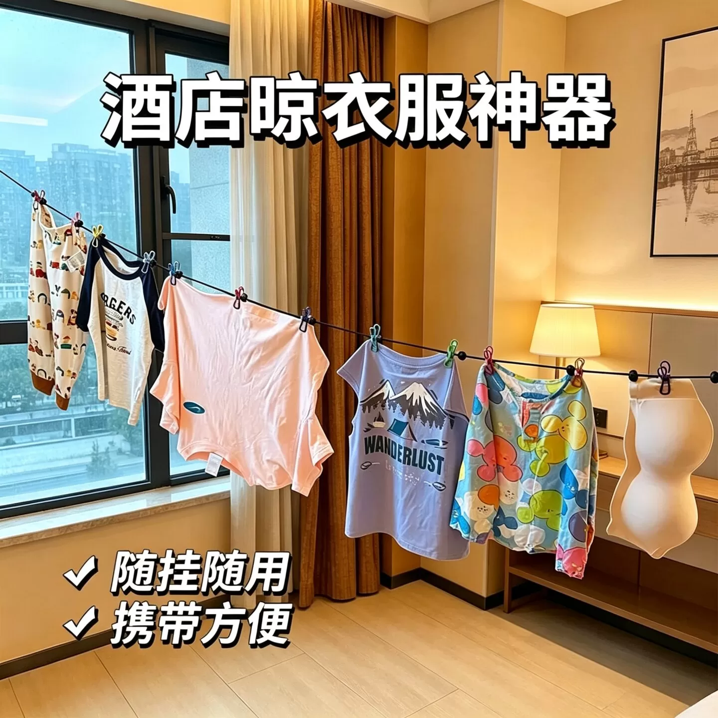 旅行便携晾衣绳酒店晾衣服神器旅游出差挂衣绳弹力带夹子便携衣架