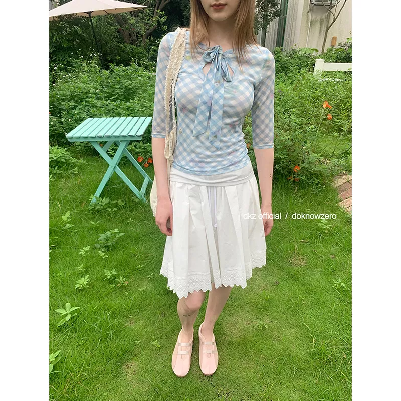 DKZ 蓝色网纱假两件t恤女修身复古格纹印花上衣