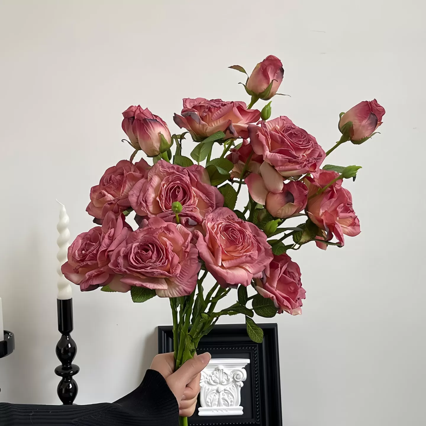 法式烤边多头玫瑰仿真花餐桌花摆花手捧花假花花束摆件仿生花干花