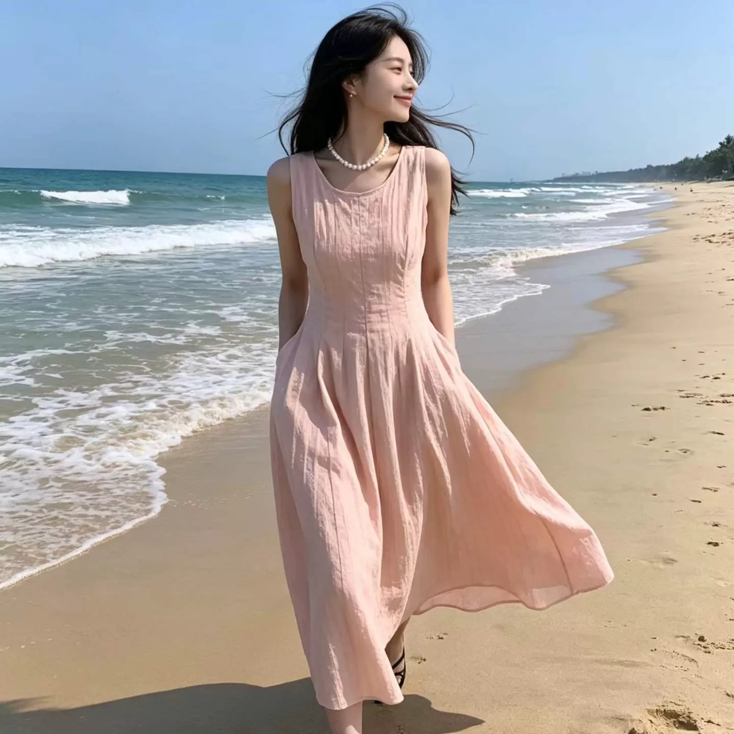 无袖背心连衣裙夏季新款时尚收腰显瘦法式气质海边度假温柔风长裙