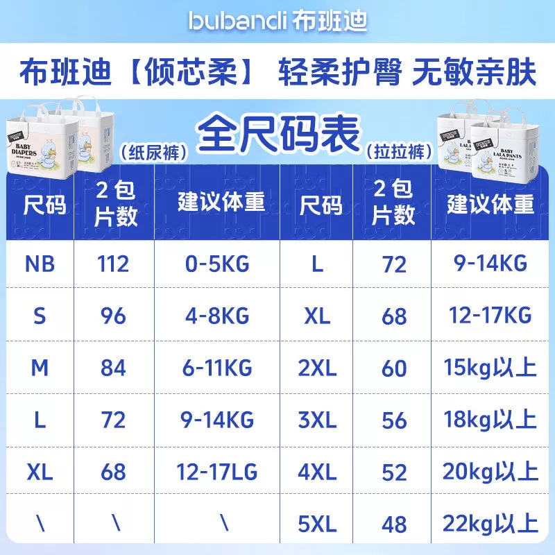 布班迪婴儿纸尿裤倾芯柔S/M/L/XL/XXL任选超薄透气尿不湿拉拉裤
