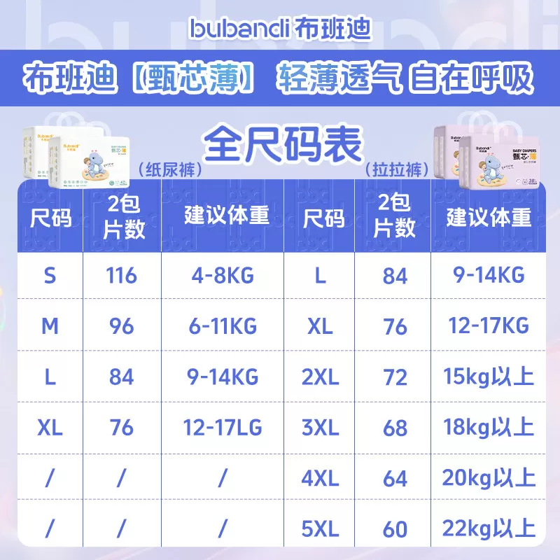 布班迪甄芯薄L/XL/2XL/3XL/4XL/5XL男女宝宝纸尿裤拉拉裤超薄透气