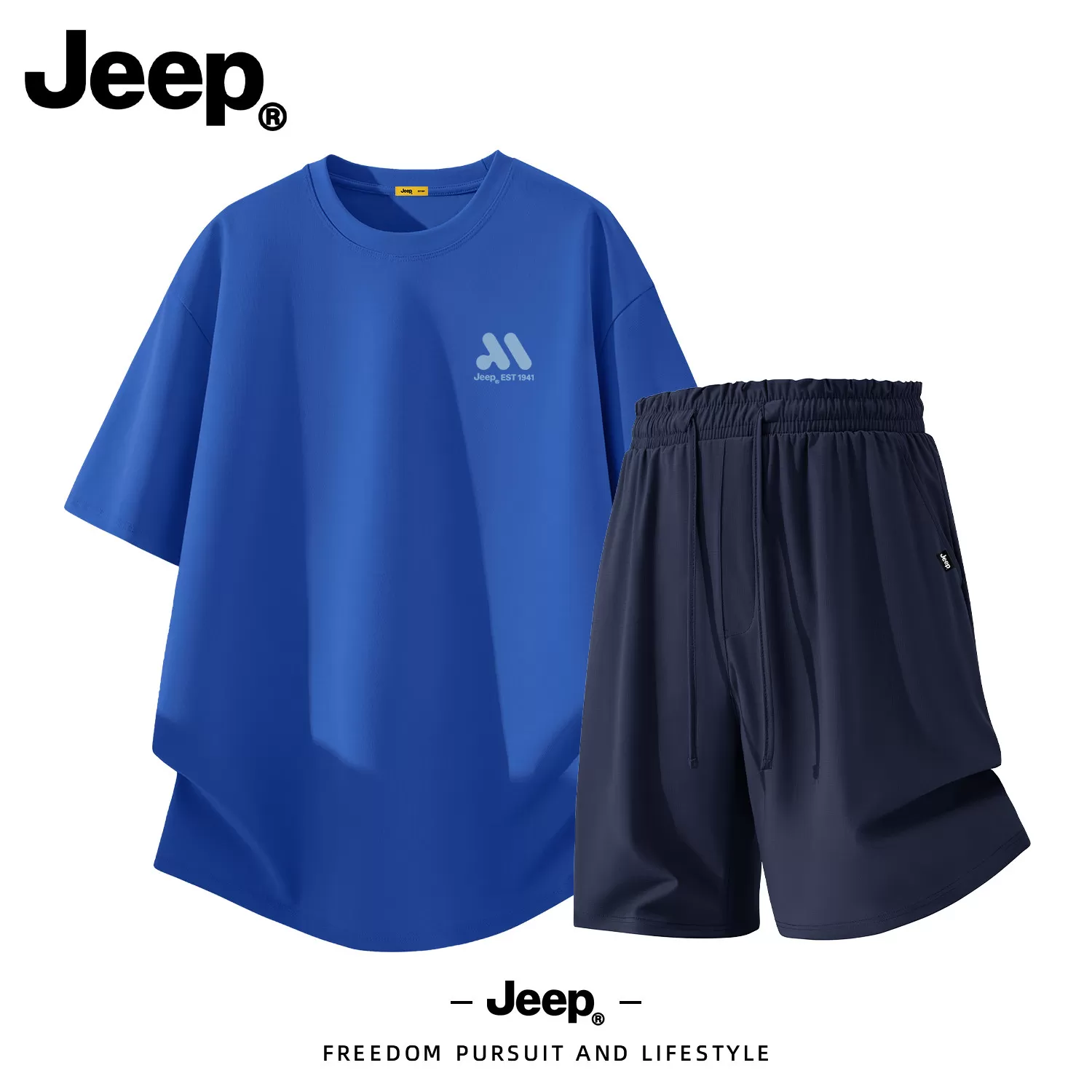Jeep男士夏季透气运动套装大码纯棉短袖T恤冰丝速干宽松休闲短裤