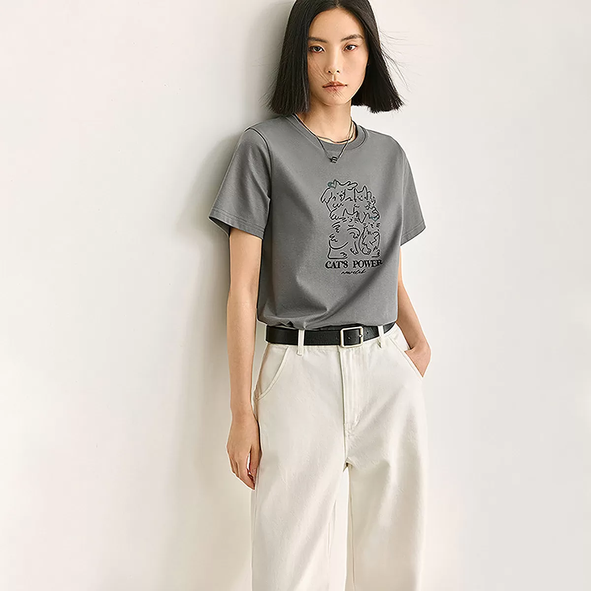 【呼吸TEE】LILY2026夏新款女装复古小猫宽松圆领独特通勤短袖T恤