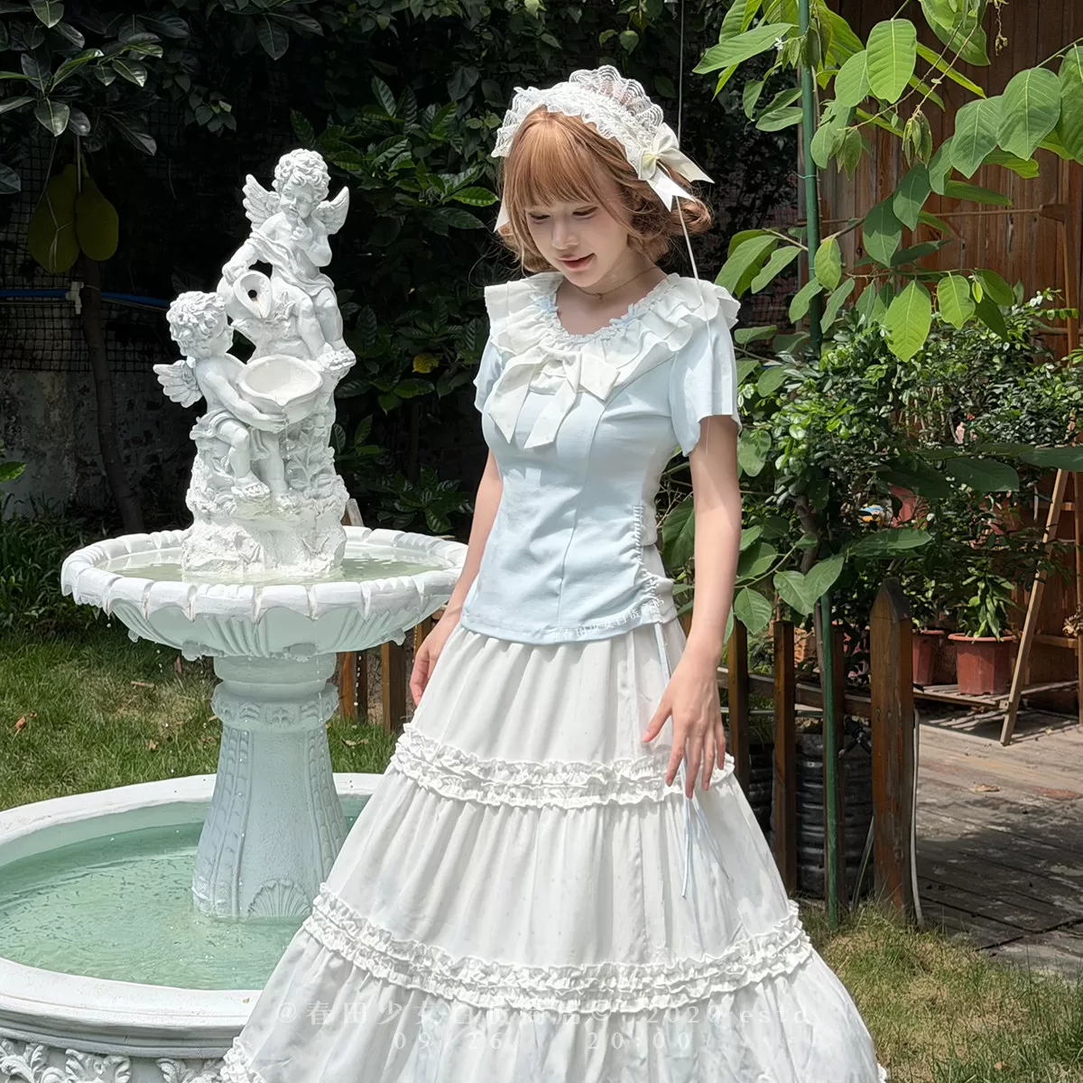 春田少女牛角包大王甜妹波点系列巨漂亮夏日新款收腰显瘦长裙套装
