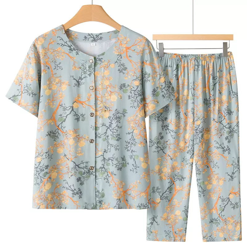 中老年人夏装女妈妈棉绸套装6070岁奶奶装开衫上衣太太家居服睡衣