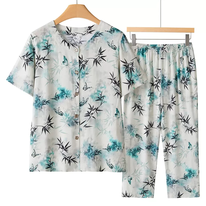 中老年人夏装女妈妈棉绸套装6070岁奶奶装开衫上衣太太家居服睡衣