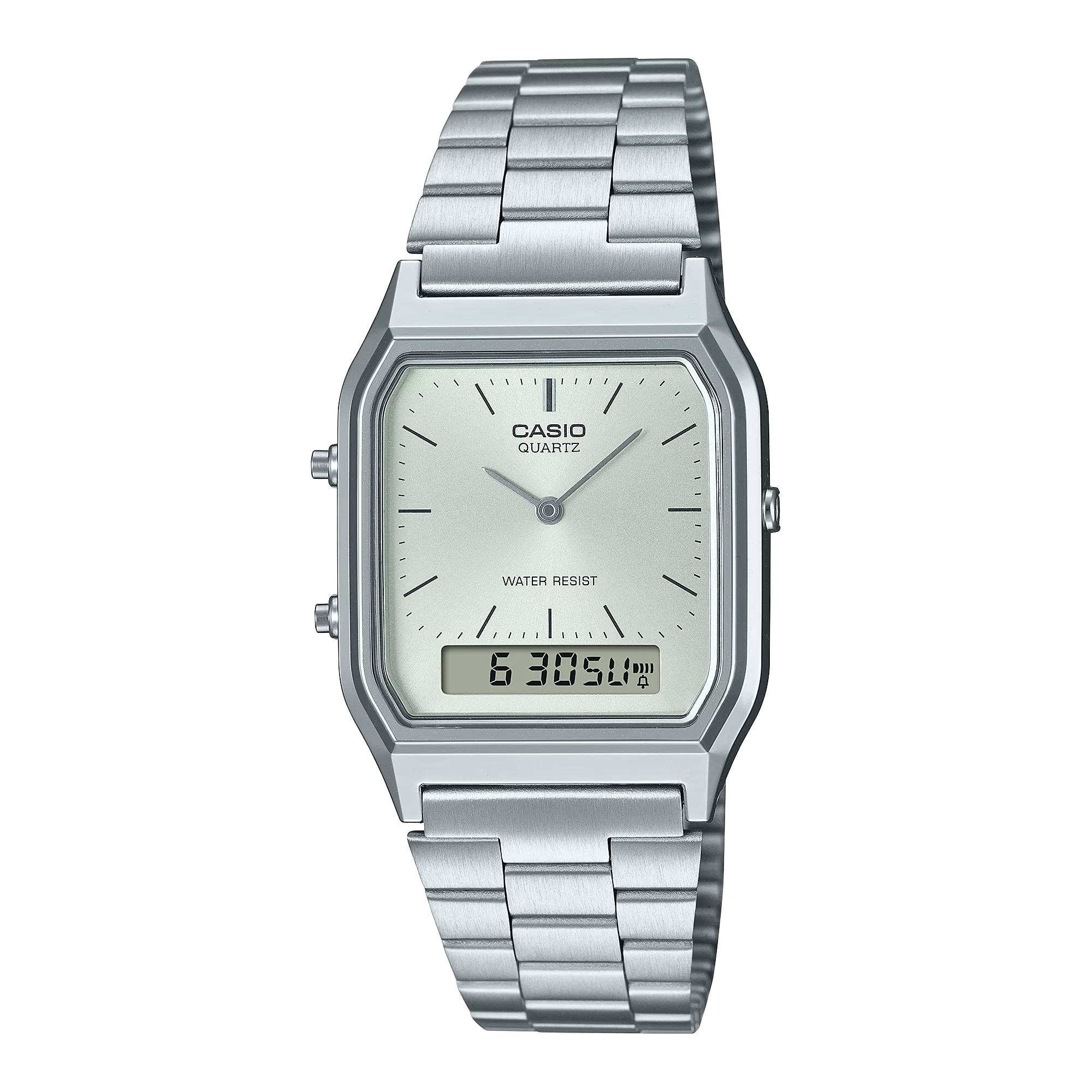 卡西欧CASIO AQ-230A-7D 钢带手表双显经典复古款方块防水电子表