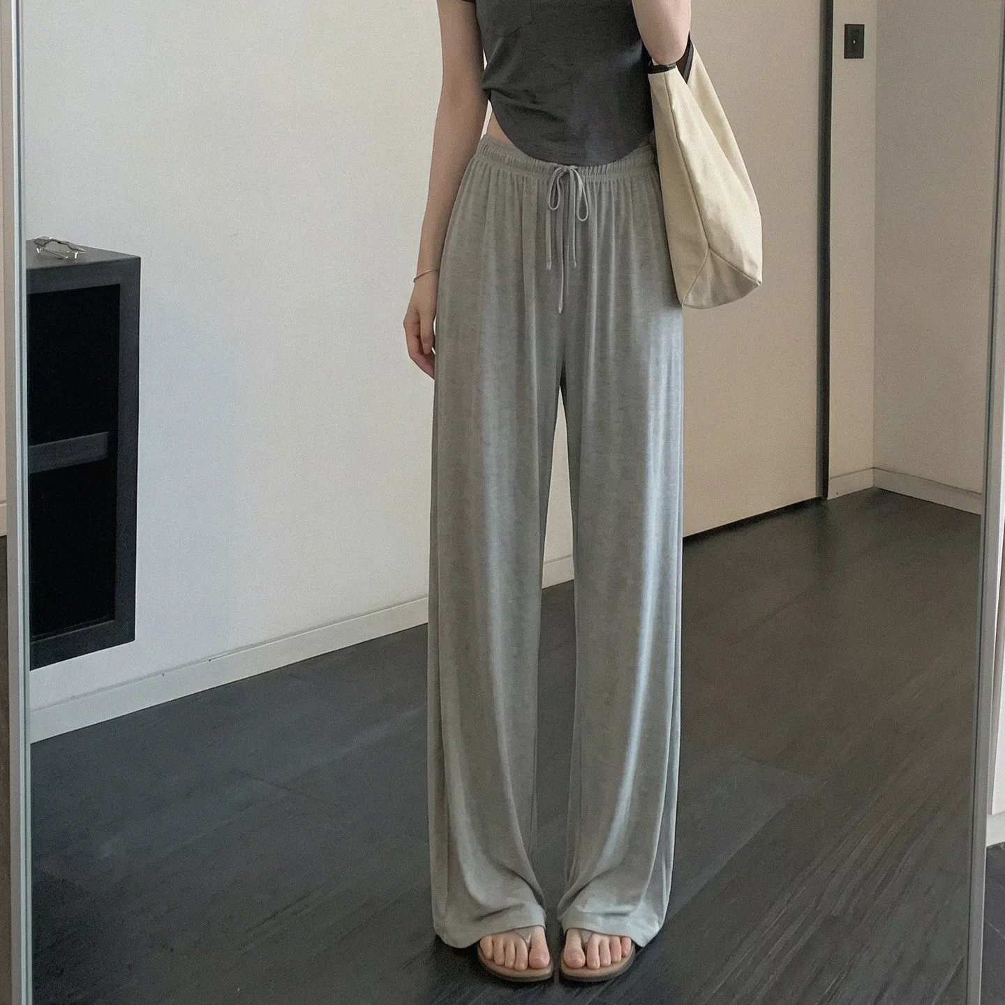 薄款灰色冰丝莫代尔休闲遛弯裤小个子夏季垂感高腰宽松阔腿裤女