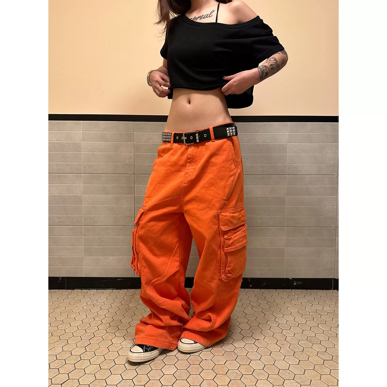 F383 美式复古立体多口袋阔腿工装裤男女设计感街头宽松拖地长裤