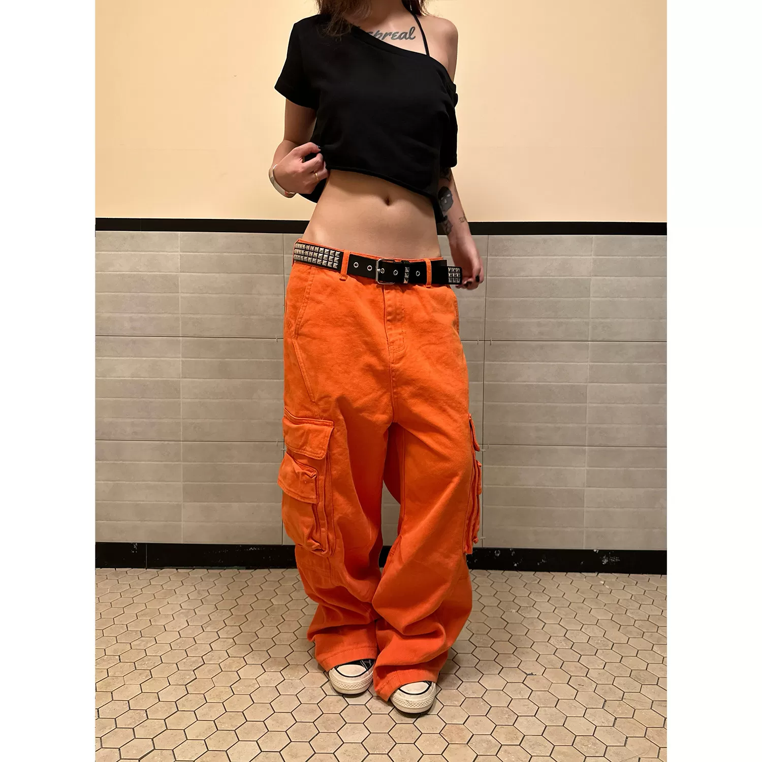 F383 美式复古立体多口袋阔腿工装裤男女设计感街头宽松拖地长裤