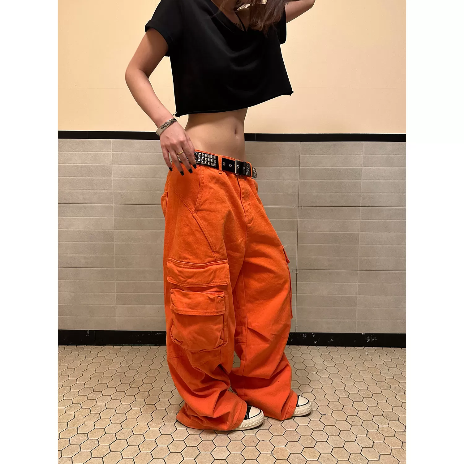 F383 美式复古立体多口袋阔腿工装裤男女设计感街头宽松拖地长裤