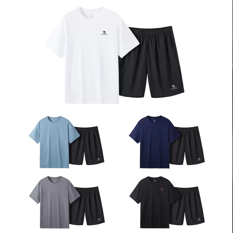 骆驼男装速干运动短袖t恤男2026休闲跑步健身服短裤男爸爸夏套装