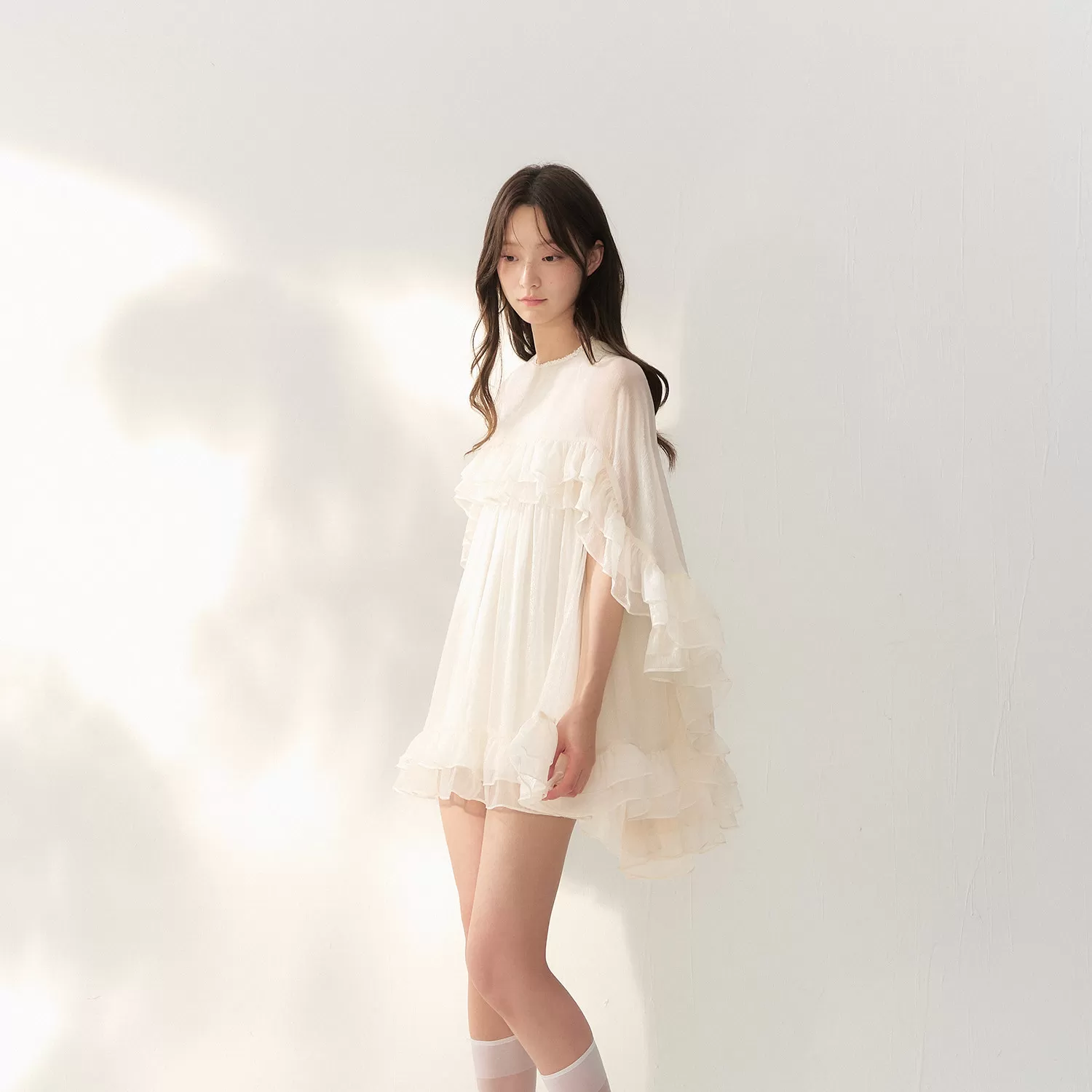 RECIT 米色薄纱斗篷多层花边连衣裙女夏季复古法式千金感小众短裙