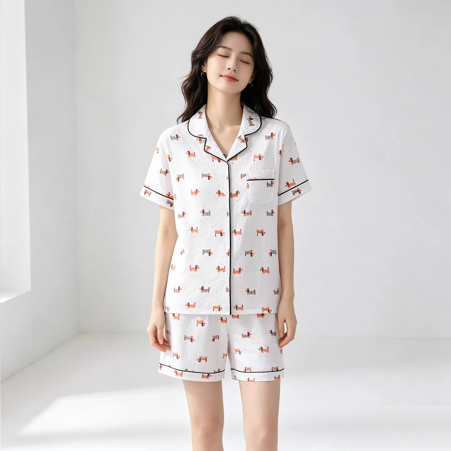 胸垫款家居服三件套装女夏季新款短袖开衫卡宽松通印花睡衣可外穿