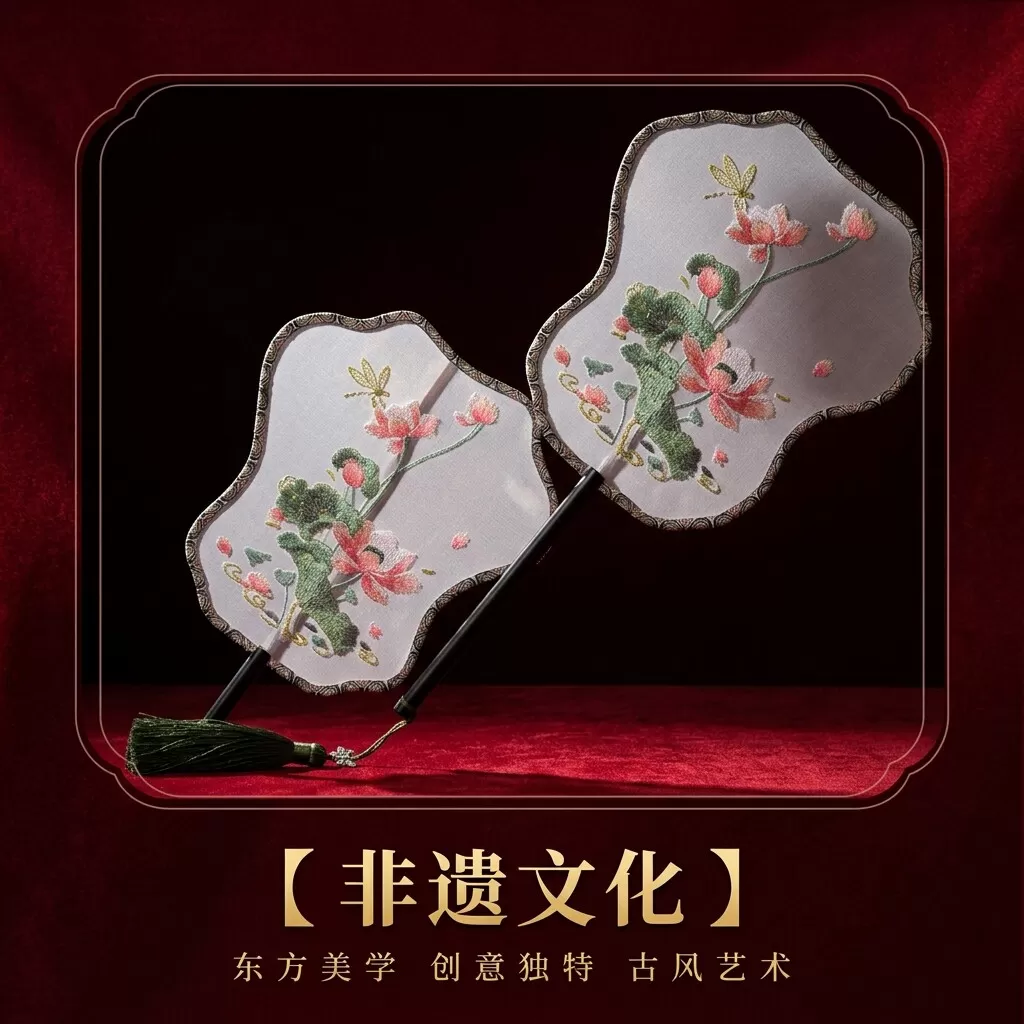 古风绣花团扇夏日荷花异形刺绣扇子中国风汉服拍照道具舞蹈配饰扇