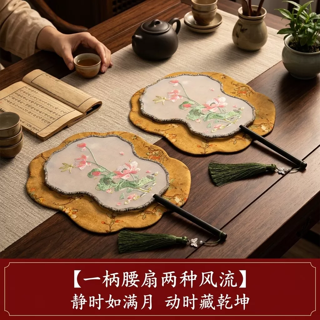 古风绣花团扇夏日荷花异形刺绣扇子中国风汉服拍照道具舞蹈配饰扇