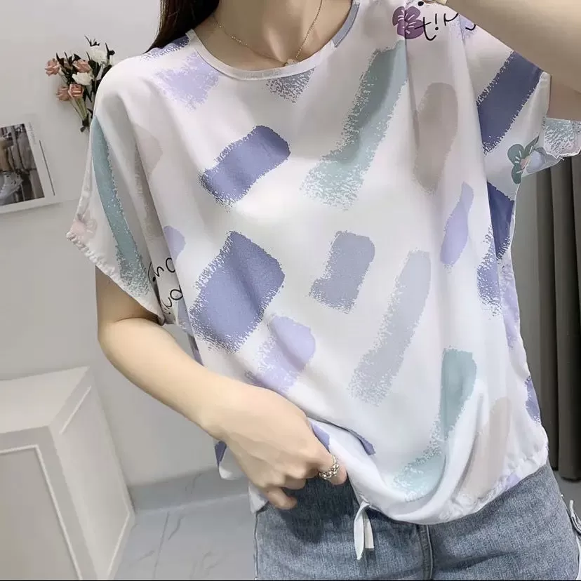 棉绸上衣女棉绸面料夏季宽松胖MM短袖上衣显瘦打底大码女装印花