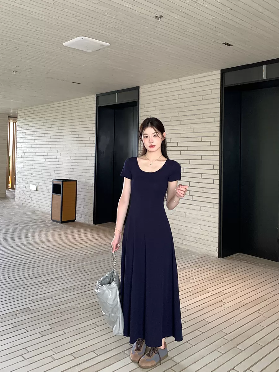 alex stevens纯色修身短袖连衣裙女度假长裙春夏季垂感中长款裙子