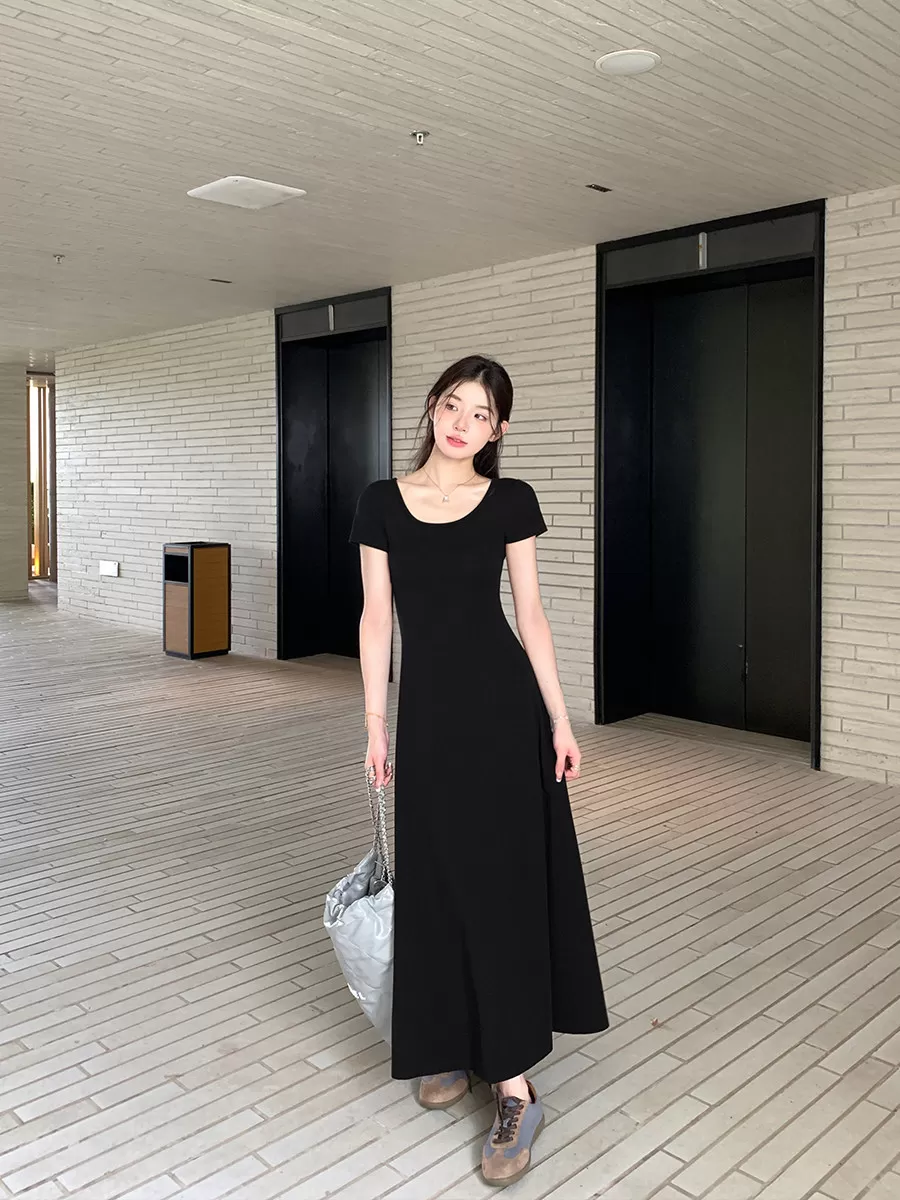 alex stevens纯色修身短袖连衣裙女度假长裙春夏季垂感中长款裙子