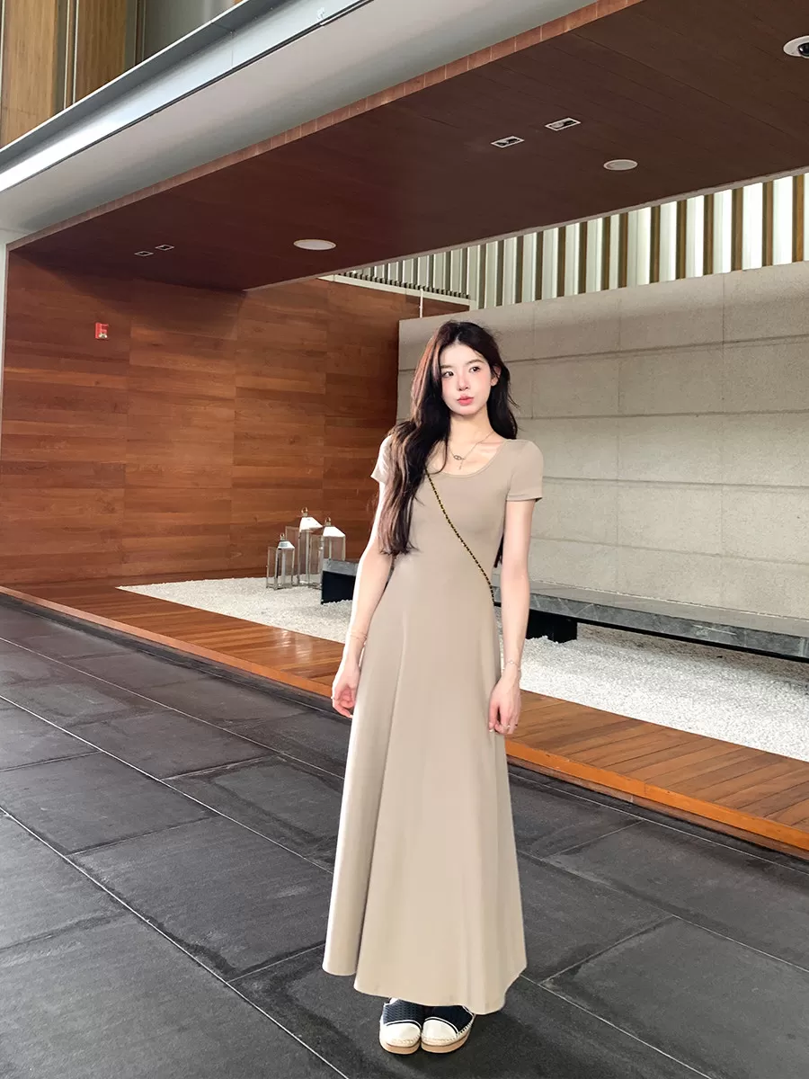 alex stevens纯色修身短袖连衣裙女度假长裙春夏季垂感中长款裙子