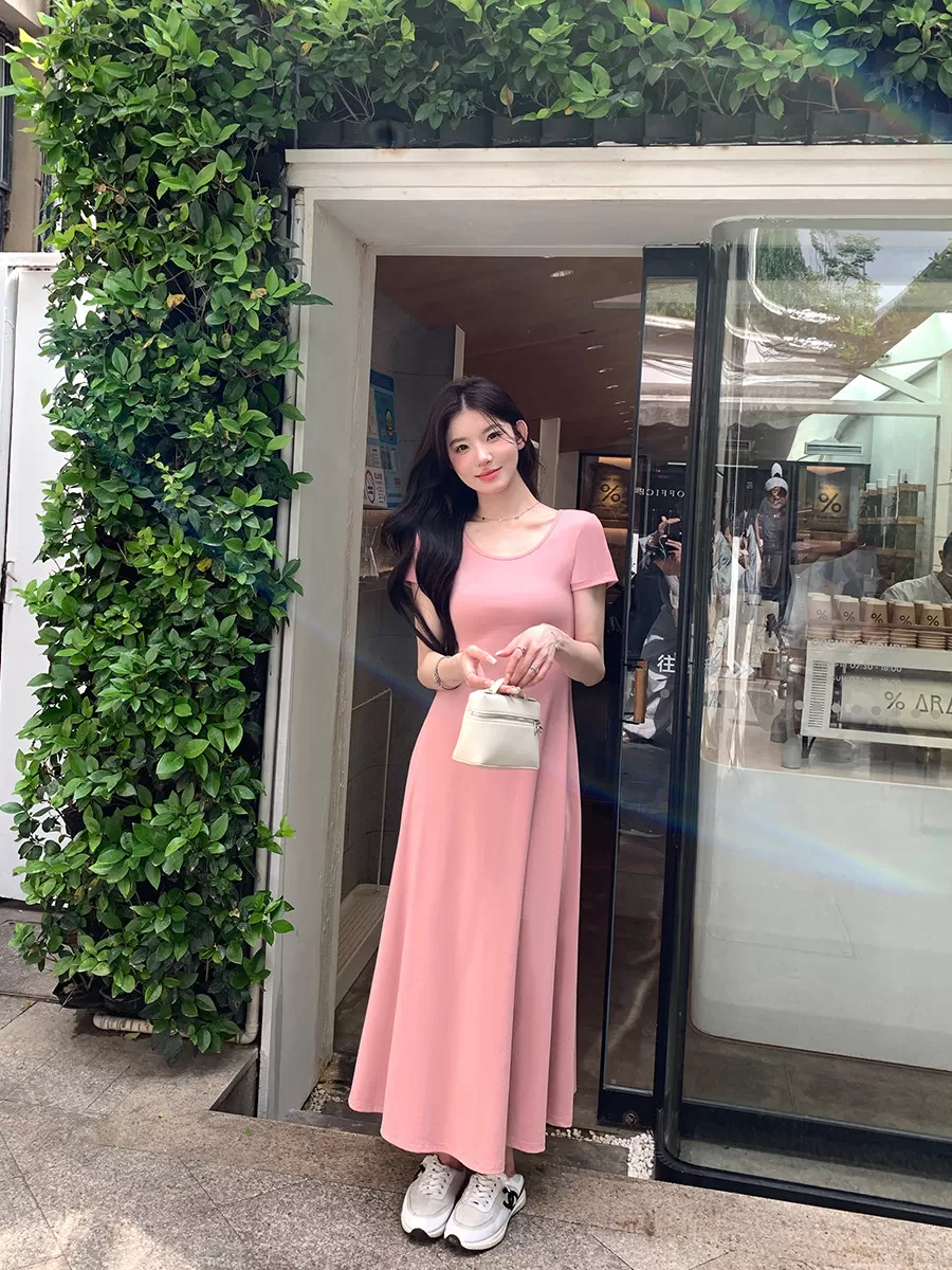 alex stevens纯色修身短袖连衣裙女度假长裙春夏季垂感中长款裙子