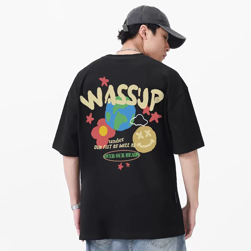 WASSUP涂鸦设计星球短袖男士夏季美式街头重磅潮流情侣T恤上衣服