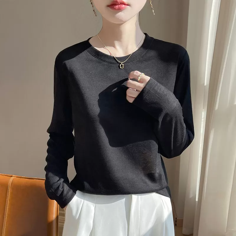 莱赛尔天丝短袖T恤女26春夏薄款圆领针织毛衣宽松长袖打底衫上衣