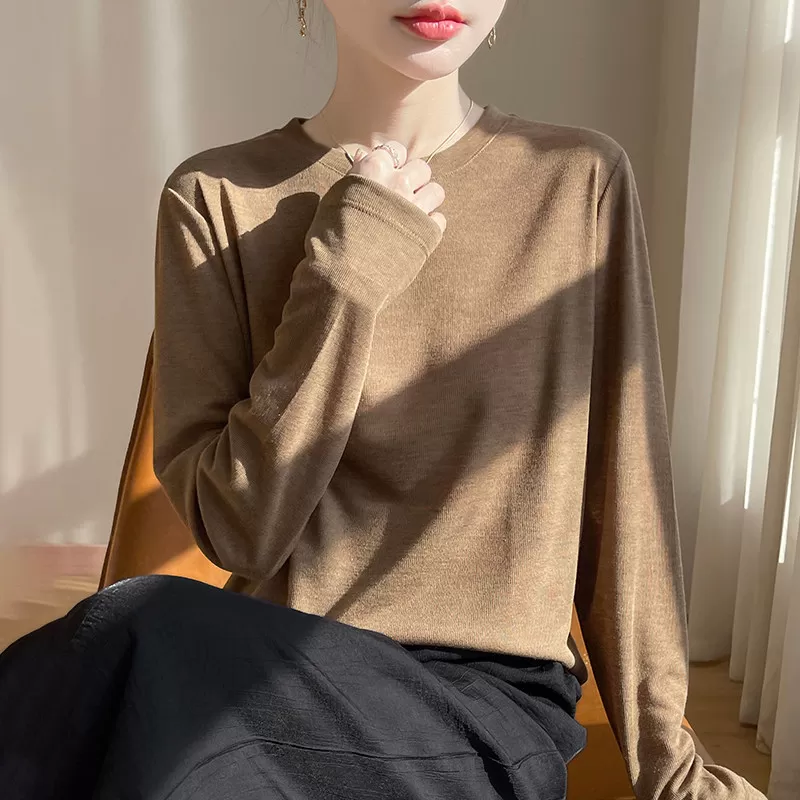 莱赛尔天丝短袖T恤女26春夏薄款圆领针织毛衣宽松长袖打底衫上衣