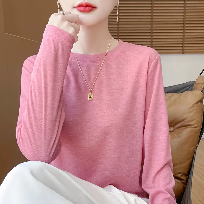 莱赛尔天丝短袖T恤女26春夏薄款圆领针织毛衣宽松长袖打底衫上衣
