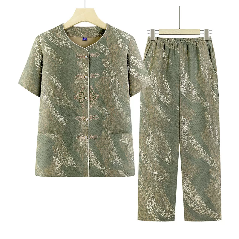 奶奶新中式冰丝套装中老年人夏装女妈妈国风短袖衬衫老人衣服裤子
