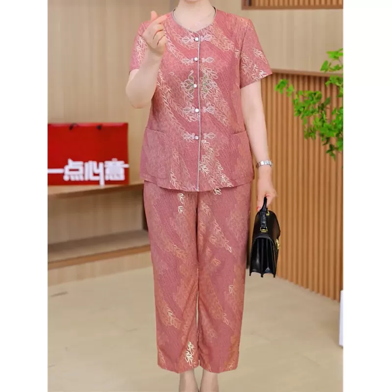 奶奶新中式冰丝套装中老年人夏装女妈妈国风短袖衬衫老人衣服裤子