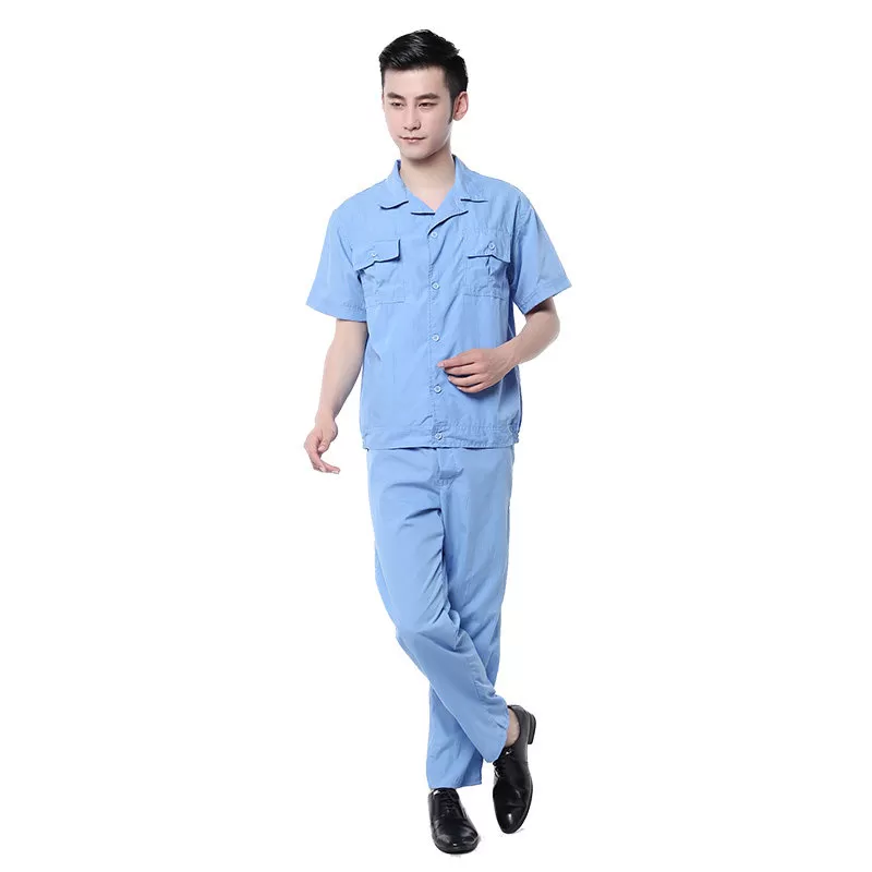 夏季男工作服短袖套装工装制服水洗棉布料工人工厂车间工程劳保服