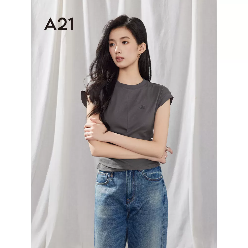 A21女装印花字母宽松显瘦圆领T恤简约中长款落肩袖上衣