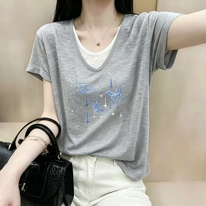 纯棉竹节棉假两件打底衫T恤女夏季时尚潮流百搭洋气宽松休闲上衣