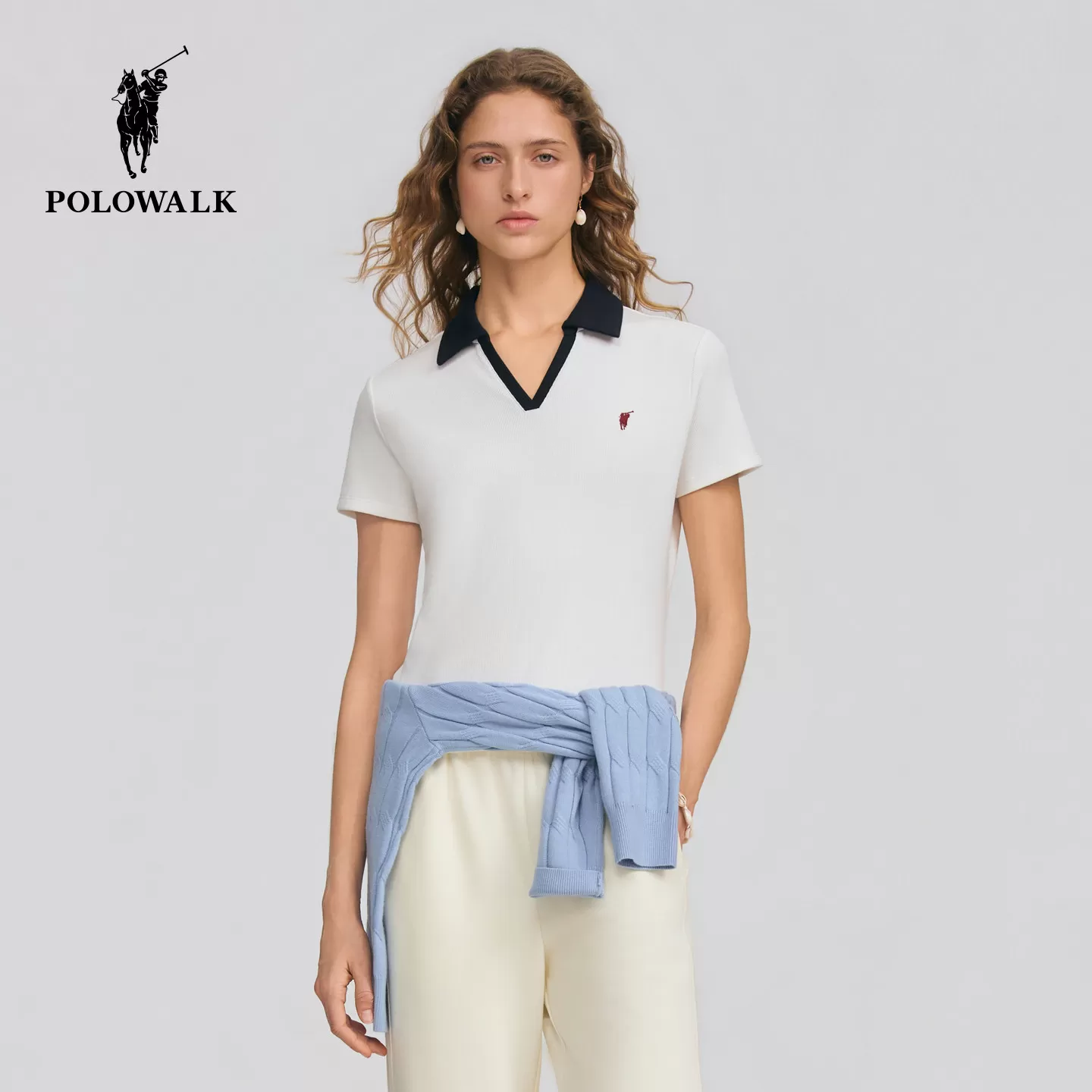 【七夕礼物】POLOWALK女式短袖V领T恤夏季新品撞色收腰打底衫潮流