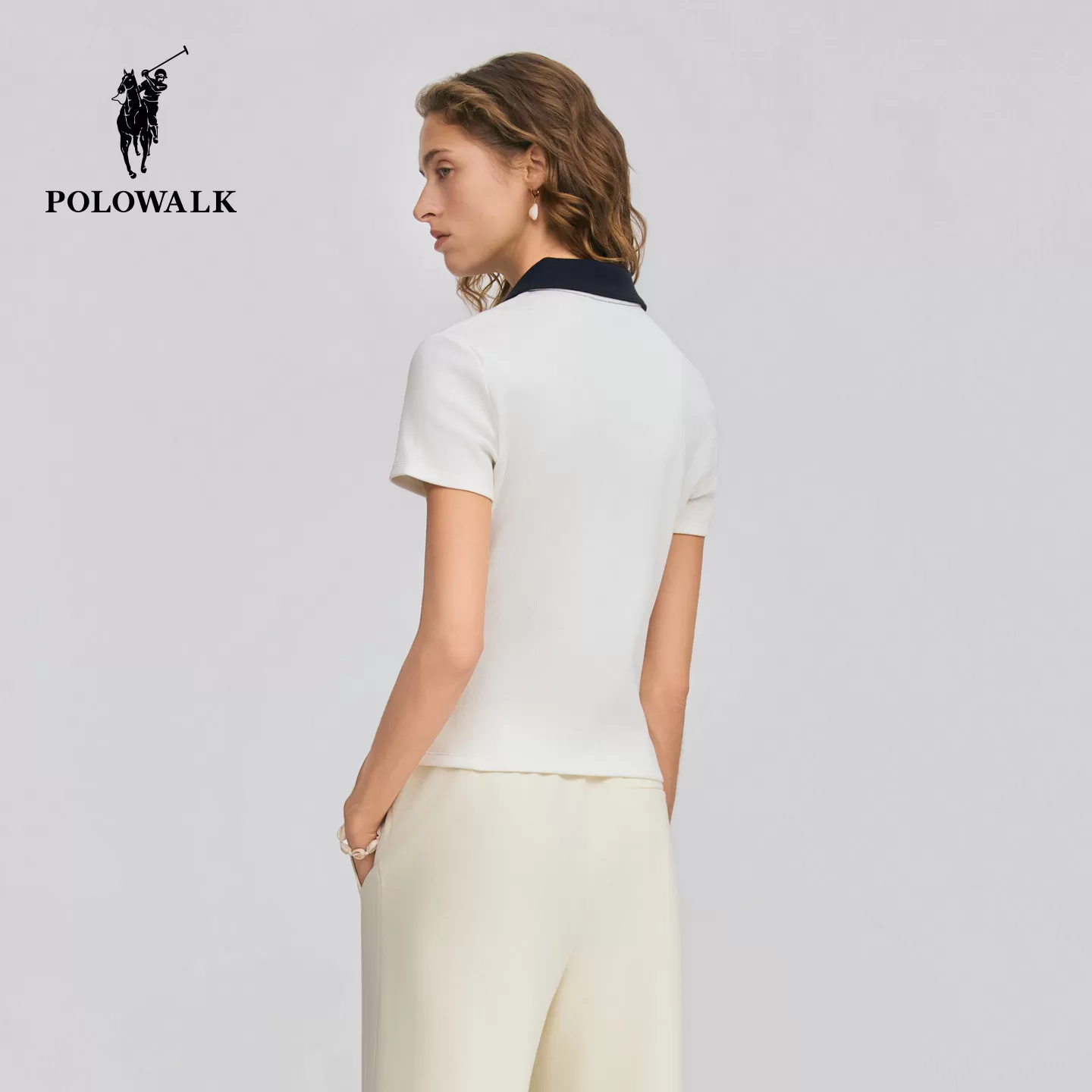 【七夕礼物】POLOWALK女式短袖V领T恤夏季新品撞色收腰打底衫潮流