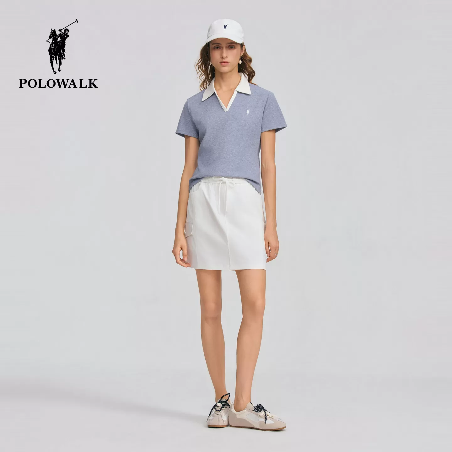 【七夕礼物】POLOWALK女式短袖V领T恤夏季新品撞色收腰打底衫潮流