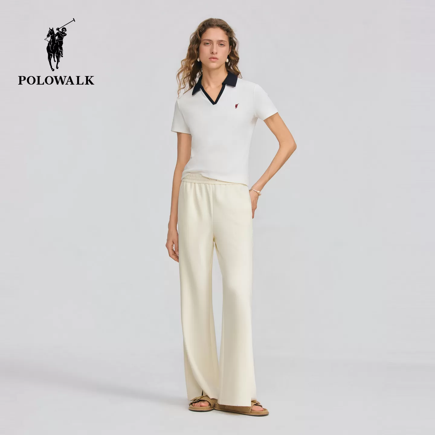 【七夕礼物】POLOWALK女式短袖V领T恤夏季新品撞色收腰打底衫潮流
