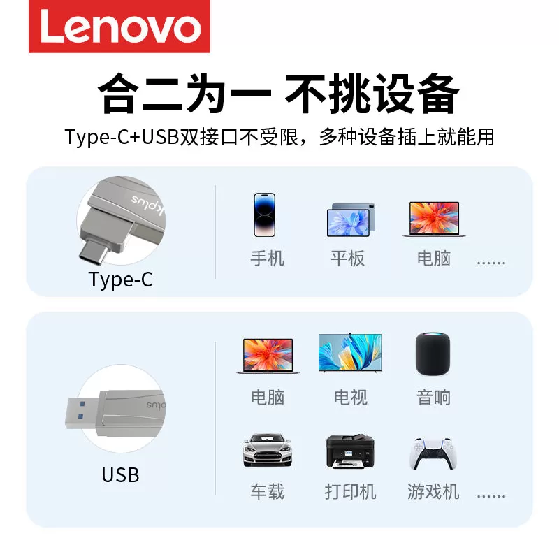 联想手机u盘typec双接口电脑两用适用苹果华为扩容大容量双头优盘