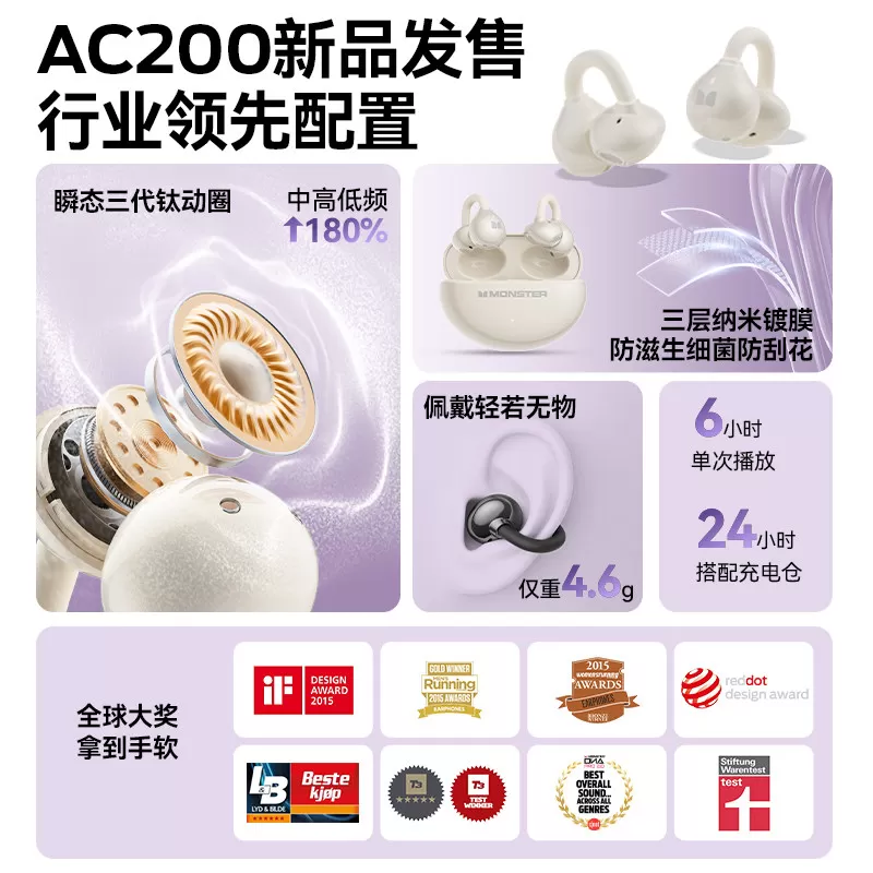 魔声AC200蓝牙耳机夹耳式高音质长续航智能无线翻译耳机2026新款