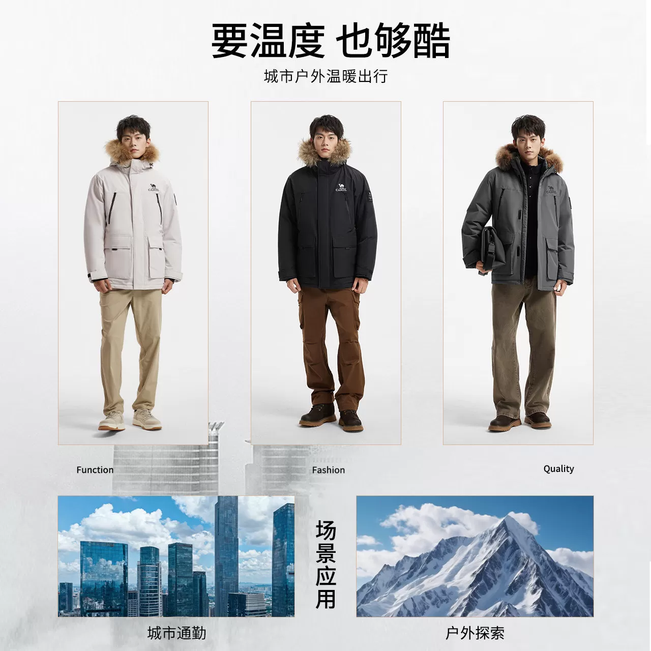 骆驼男装羽绒服黑色防水短款鸭绒冬季保暖面包服户外派克工装毛领