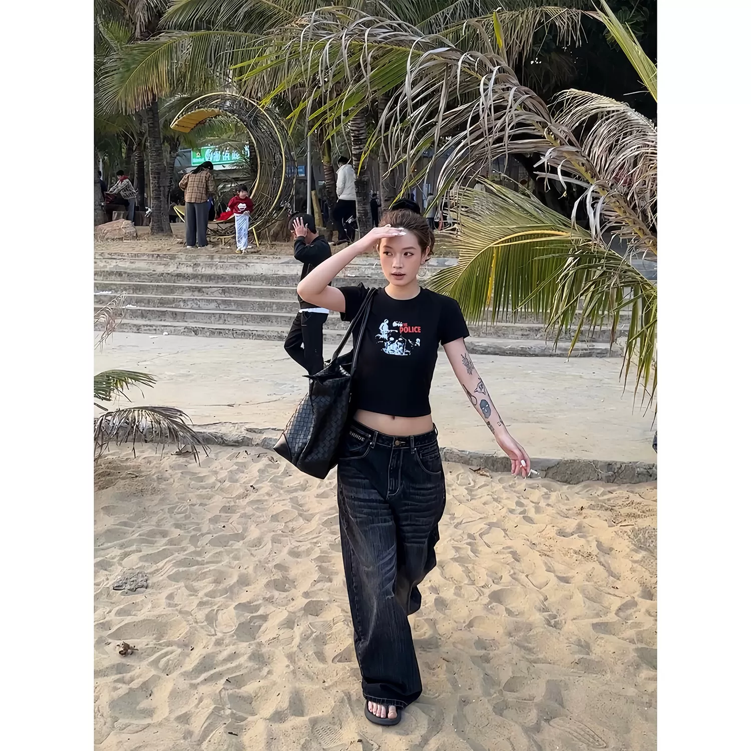 F383 美式复古巴黎扣设计竹节牛仔裤男女水洗直筒宽松百搭长裤ins