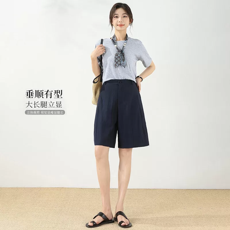 老钱风天丝亚麻短裤女夏季新款百搭显瘦贝斯裤高腰阔腿五分休闲裤