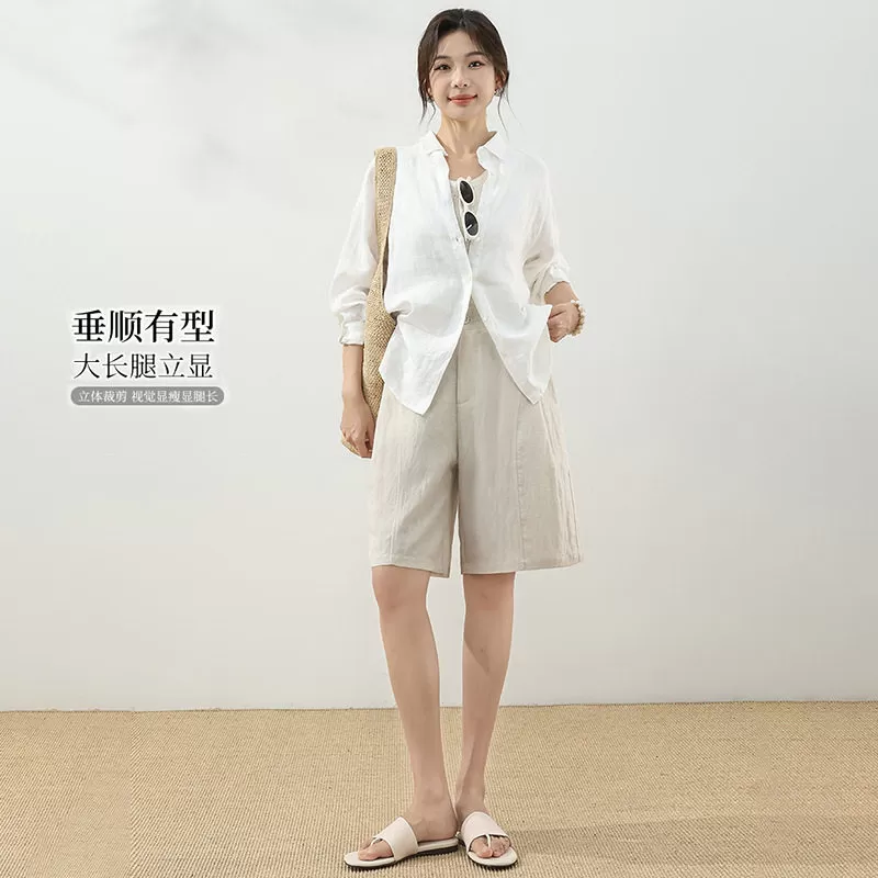 老钱风天丝亚麻短裤女夏季新款百搭显瘦贝斯裤高腰阔腿五分休闲裤