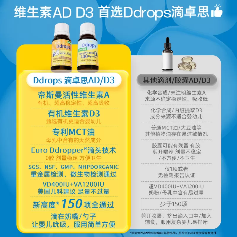 【自营】Ddrops滴卓思婴幼儿维生素D3滴剂+VAD滴剂新生儿促钙吸收