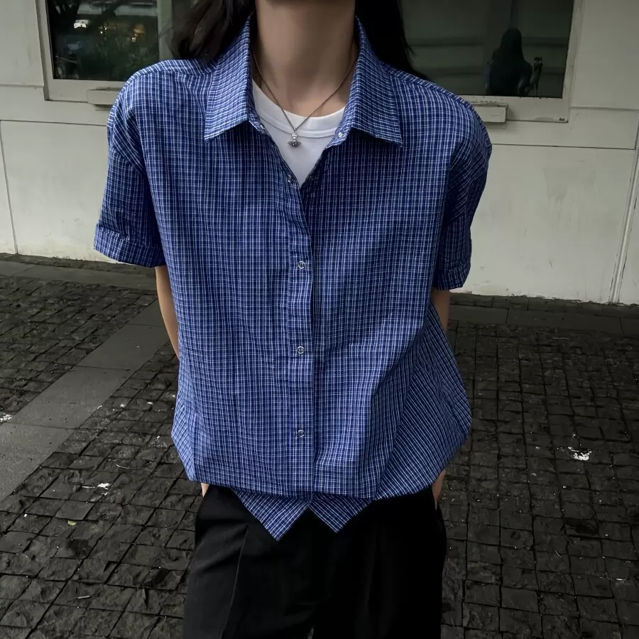 RTIMFD手工收褶皇室蓝格子短袖衬衫cleanfit立体短宽抽绳t恤miu系